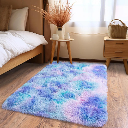 Pionblank Fluffy Small Rug for Bedroom 2x3 Feet Shag Soft Area Rug Modern Plush Carpet Furry Cute Bedside Rug for Kids Girls Boys Room Nursery Decor Rainbow Purple