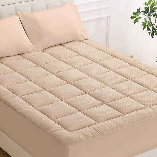 OLANLY Queen Quilted Fitted Mattress Pad - Cooling Soft Mattress Topper - Elastic Fitted Mattress Cover Stretches up to 21 Inches Deep Machine Washable Mattress Protector (60x80 inch Beige)