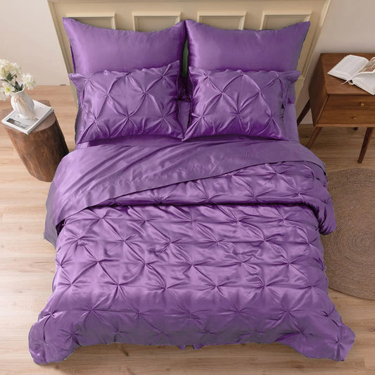 MR&HM Satin Comforter Full 7 Pieces - Luxurious Pinch Pleat Bedding Set with Comforter Flat Sheet Fitted Sheet Pillowcases & Shams Super Silky Soft Bed Set for All Season (Full Lavender)