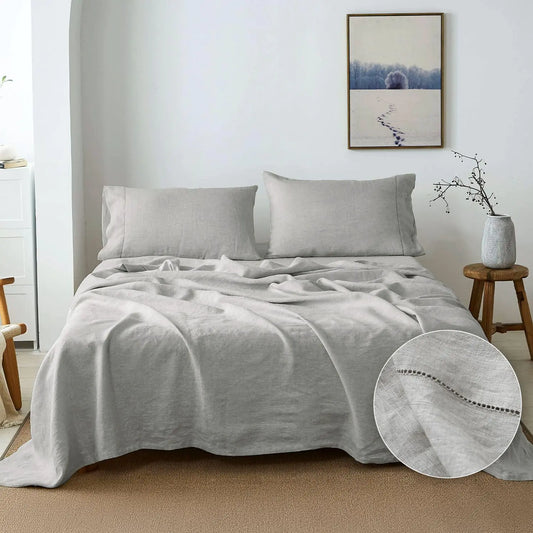 Simple&Opulence 100% Belgian Linen Sheet Set Handmade Hemstitch Light Grey Twin Size Bed Sheet-3 Pieces(1 Flat Sheet+1 Fitted Sheet+1 Pillowcase)-Natural Flax Farmhouse Bedding