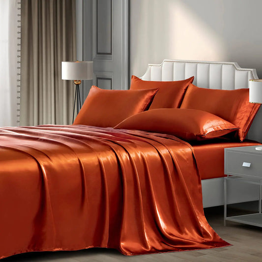 P Pothuiny Satin Sheets Full (6 Pieces Burnt Orange) Luxury Silky Satin Bed Sheets Full Bedding Set Extra Soft Satin Sheet Set 1 Satin Fitted Sheet + 1 Flat Sheet + 4 Pillow Cases
