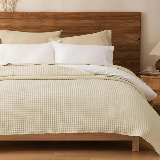 PHF Muslin Blanket Queen Size-Ultra Soft 50% Lyocell & 50% Cotton Blanket Breathable and Moisture Absorption Blanket Lightweight Blanket Cozy Waffle Bed Blankets 90"x90" Sand
