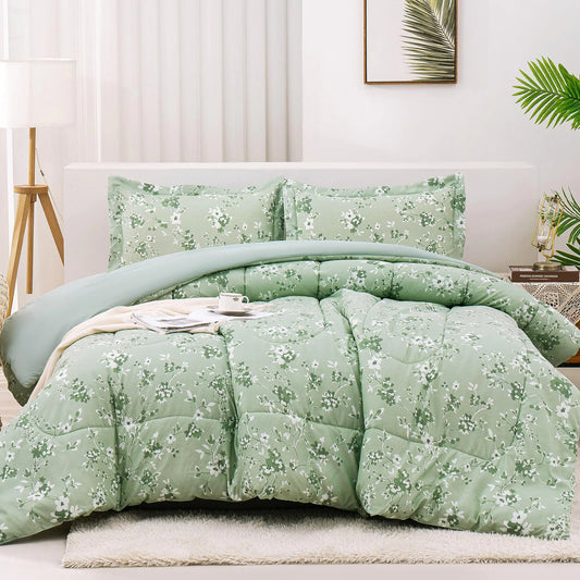 Mooreeke Queen Floral Comforter Set Sage Green Aesthetic Flower Printed Bedding Sets 3 Pieces Vintage Comforters & Sets 1 Soft Lightweight Microfiber Comforter and 2 Pillow Shams