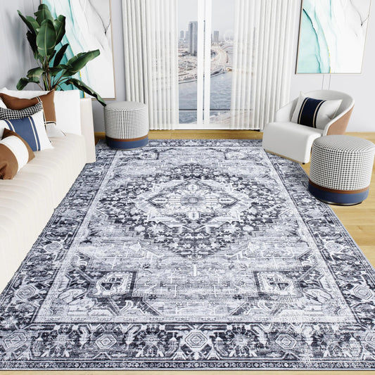 5x7 Area Rug for Living Room: Vintage Thin Rug with Non Slip Backing - Washable Carpet for Bedroom Dining Room & Study Room Light Grey
