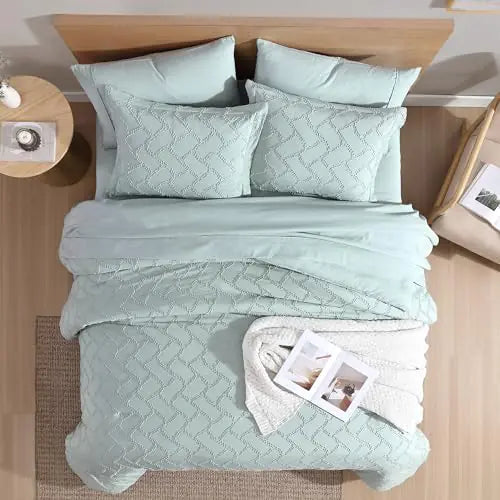 Tufted King Comforter Set - Sage Green Boho Geometric Pattern Bedding Set for All Season 7 Pieces Farmhouse Shabby Chic Fluffy Soft Bed Set with Flat Sheet Fitted Sheet Pillowcases and Shams