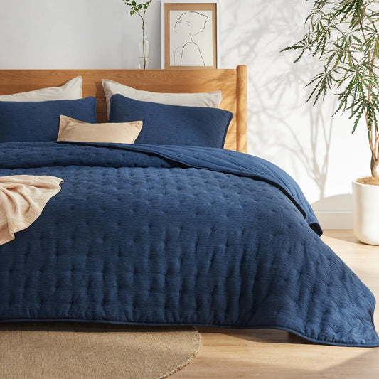 Bedsure Quilt Bedding Set Navy Bedspread Coverlets King Size - Lightweight Soft for All Seasons Cross Stitch Quilt Set 3 Pieces 1 Quilt (106"x96") & 2 Pillow Shams (20"x36")