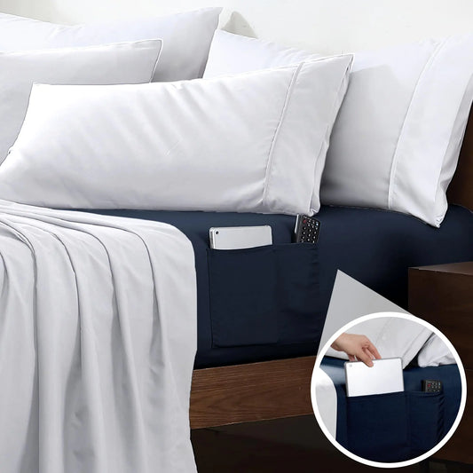 Cathay Home Queen Double-Sided Organizer Pocket Fitted Smart Sheet - Double Brushed Ultra Soft – Wrinkle & Fade Resistant - 14" Deep Pocket Fitted Sheet Only (Queen Navy)
