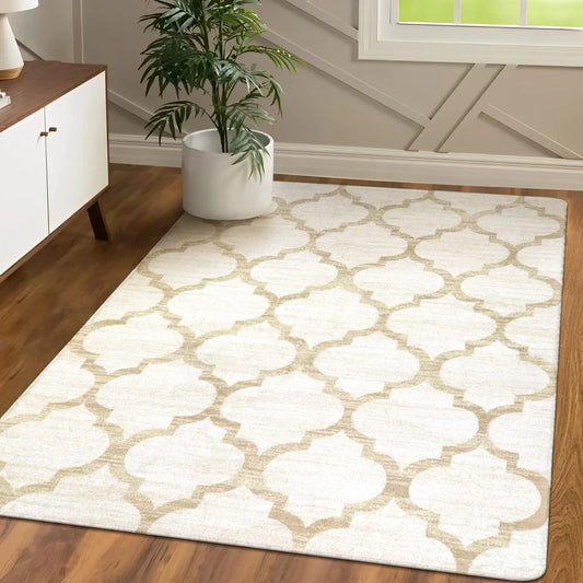 Lahome Moroccan Living Room Carpet - 4x6 Area Rug Washable Non-Slip Soft Rugs for Bedroom Ultra-Thin Throw Rug for Office Modern Print Indoor Carpet Rug for Laundry Room Nursery (Beige 4x6)