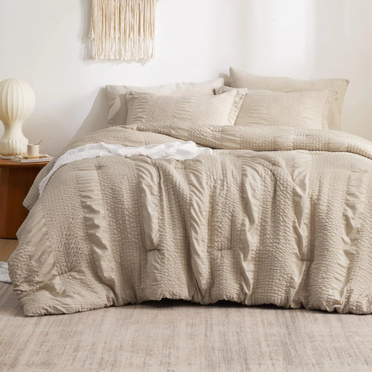 Bedsure Full Comforter Set - 7 Pieces Striped Seersucker Jacquard Comforter Bedding Set Bed in a Bag with Comforter Flat Sheet Fitted Sheet Pillowcases & Shams Beige