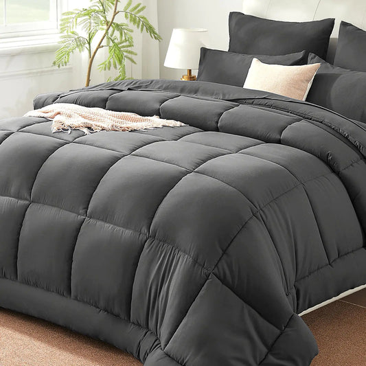 SunStyle Home Dark Grey King Size Comforter Set - 7 Pieces Bed in a Bag Lightweight Goose Down Alternative Bedding Sets with All Season Comforter 1 Flat Sheet 1 Fitted Sheet 4 Pillowcases