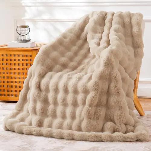 BENVWE Faux Fur Throw Blanket Fleece Bubble Blanket SoftCozy and Thick Blanket Plush Fluffy Blanket for Couch Chair Bed 63x80 Inches Beige