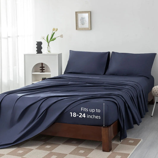 Levoo 100% Egyptian Cotton Sheets Full Size Set 18"-24" Extra Deep Pocket Full Sheets Set Soft Breathable Cooling 4Pcs Bed Sheets with 1 Flat Sheet 1 Fitted Sheet 2 Pillowcases (Full Navy Blue)