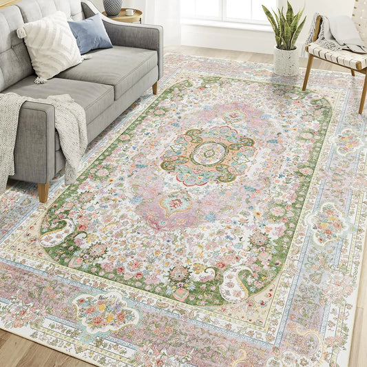 Casrage 6x9 Area Rugs WashablePink Rug for Living Room Bedroom KitchenLarge Boho Vintage Bohemian Distressed Carpet Non SlipBlush Green