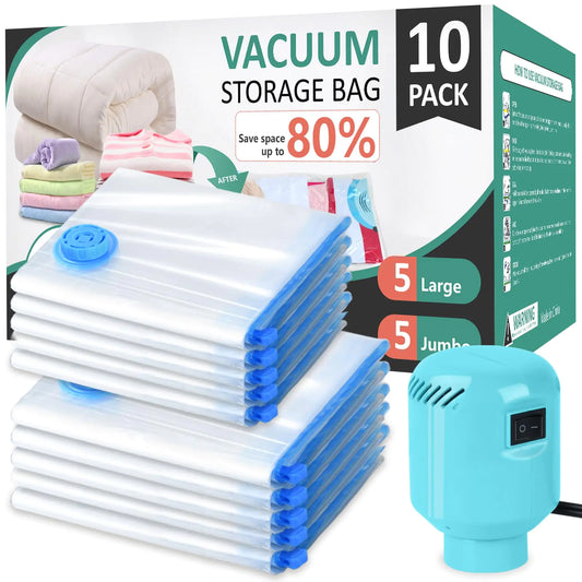 Morecoo Vacuum Storage Bags with Electric Pump & New Air Valve 10 Pack Space Saver Bags (5 Jumbo/5 Large) for Clothes Comforters Blankets - Press & Pump Compression Bags for Travel Essentials