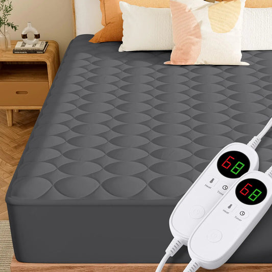 MASVIS King Size Heated Mattress Pad with Dual Control - Quilted Electric Mattress Pad Cover - Auto Shut Off Bed Warmer with Deep Pocket Machine Washable Gray