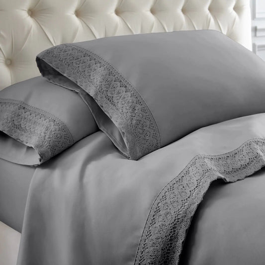 Modern Threads Soft Microfiber Crochet Lace Sheets - Luxurious Microfiber Bed Sheets - Includes Flat Sheet Fitted Sheet with Deep Pockets & Pillowcases Stone Full