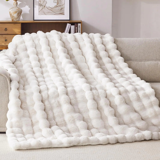 Anysay Faux Fur Throw Blanket 1000GSM Fluffy Soft Bubble Blanket for Couch Bed Cozy Plush Warm and Thick Blanket Fuzzy Rabbit Blanket for Living Room Bedroom 50*60 Cream White