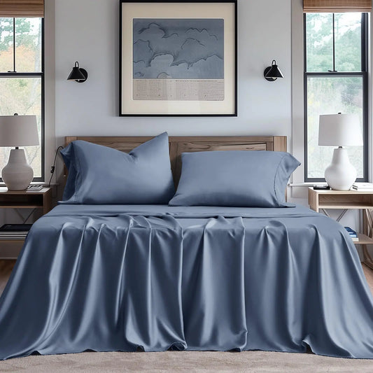 EVERGRACEHOME Tencel Sheet Set Queen Size 4 Pieces，Soft Cooling Bed Sheets for Hot Sleepers Eucalyptus Lyocell Luxury Breathable Bedding Set 1 Fitted Sheet 1 Flat Sheet 2 Shams Stormy Blue