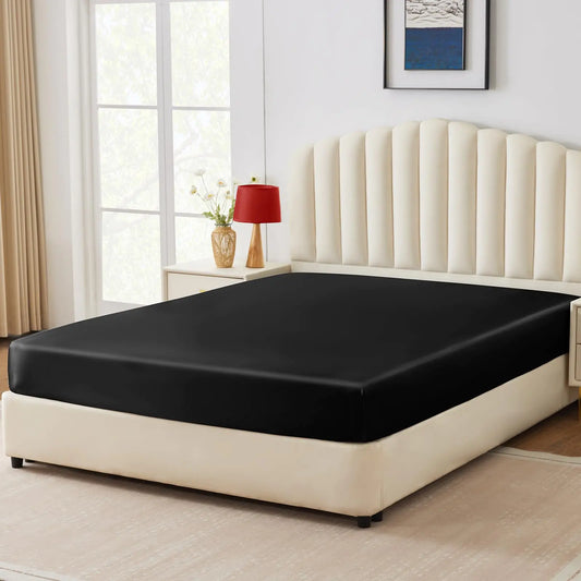 CozyLux Satin Fitted Sheet Twin Size Black Silky Satin Bed Fitted Sheet Only with Silky Microfiber Deep Pocket Single Bottom Sheet Sold Separately Breathable Smooth and Soft