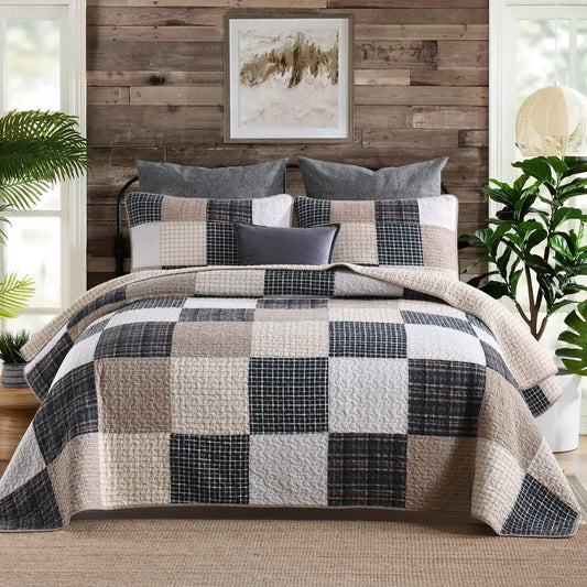 SahSahCasa Quilt Queen Size Queen Quilt Set 100% Cotton Queen Quilt Bedding Set Bedspread Patchwork Farmhouse Quilt Plaid Lightweight Rustic Quilts Comforter for Queen Bed Beige for All Season