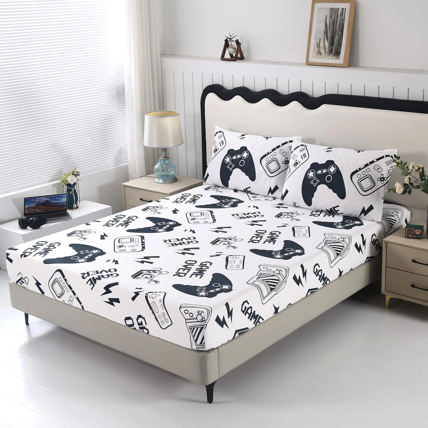 SDIII 3PCS Dark Blue and White Gamer Full Size Sheet Set 1 Fitted Sheet and 2 Pillowcases Bed in a Bag Gaming Full Bed Set Soft Sheets for Kids Boys and Girls