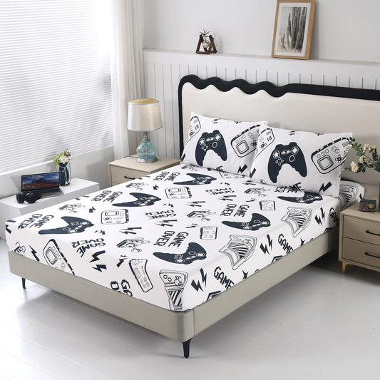 SDIII 3PCS Dark Blue and White Gamer Full Size Sheet Set 1 Fitted Sheet and 2 Pillowcases Bed in a Bag Gaming Full Bed Set Soft Sheets for Kids Boys and Girls