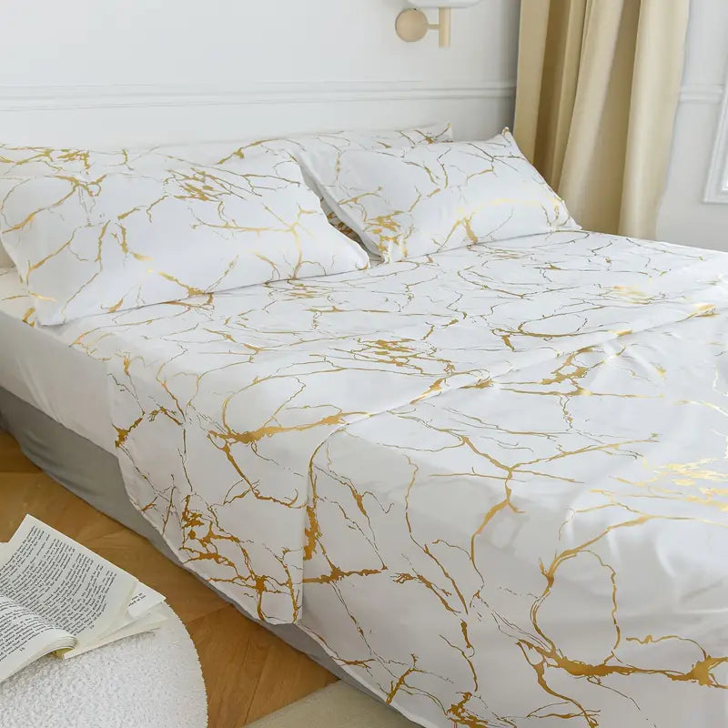 Marble Pattern Fitted Sheet Set with Pillowcases