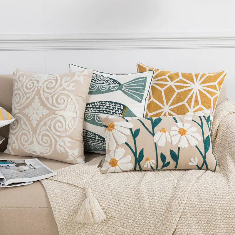 Cotton Chain Embroidered Lumbar Pillow Cover