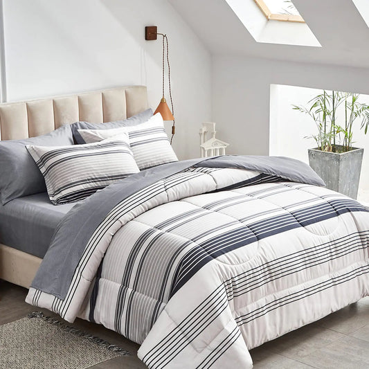 Flysheep Ombre Boho Striped Bed in a Bag 7 Piece California King Size Grey n Navy Black Stripes on White Comforter Sheet Set (1 Comforter 1 Flat Sheet 1 Fitted Sheet 2 Pillow Shams 2 Pillowcases)