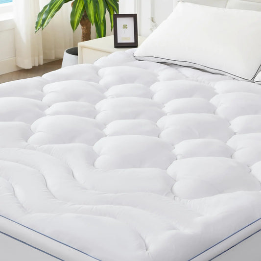 BDEUS Queen Mattress Pad Extra Thick 1450GSM Mattress Topper Four Leaf Clover Soft Mattress Protector Cover with 21" Deep Pocket for Back Pain Relief 3D+7D Down Alternative Fill Overfilled White