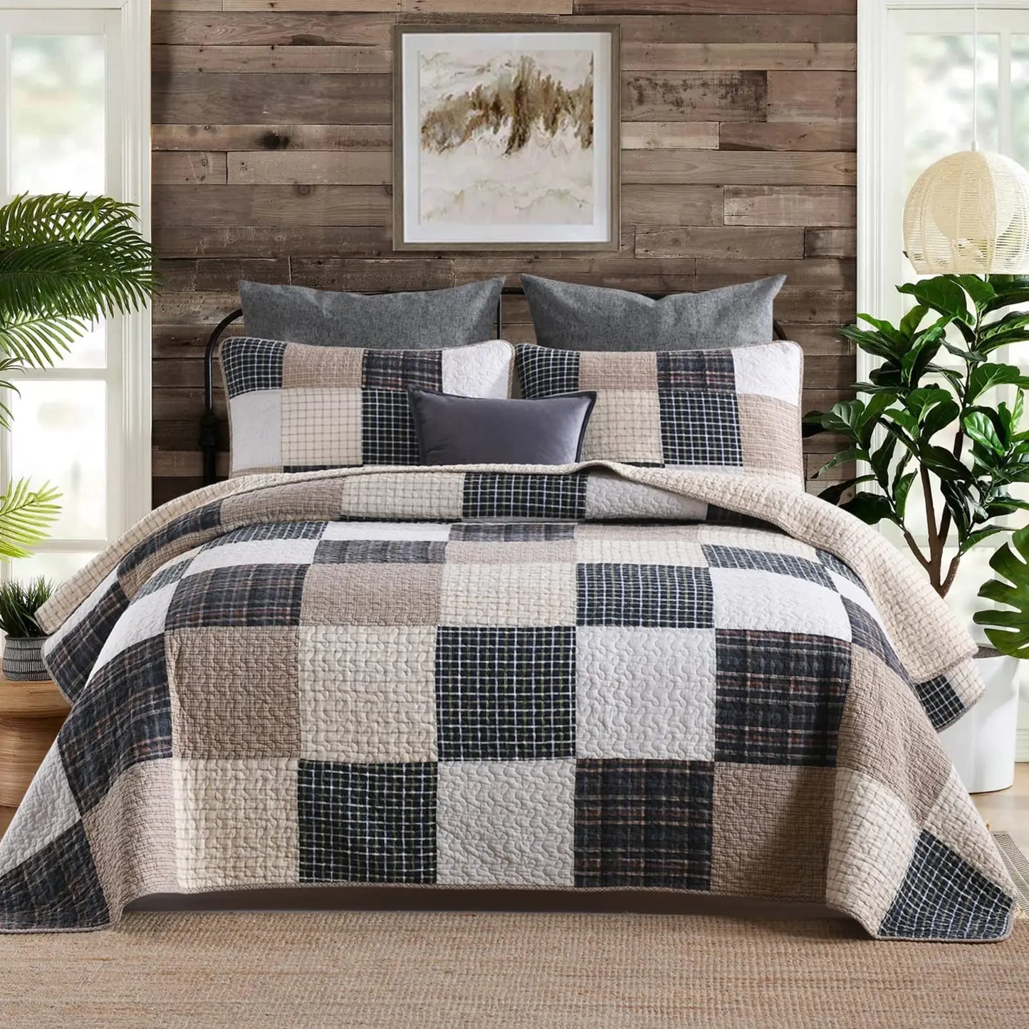 SahSahCasa Quilt Queen Size Queen Quilt Set 100% Cotton Queen Quilt Bedding Set Bedspread Patchwork Farmhouse Quilt Plaid Lightweight Rustic Quilts Comforter for Queen Bed Beige for All Season