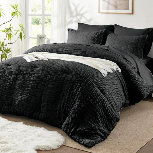 SunStyle Home King Comforter Set 7 Pieces，Black Seersucker Bed in a Bag Lightweight Bedding Set，All Season Comforters with Flat Sheet，Fitted Sheet，Pillowcase and Pillow Sham