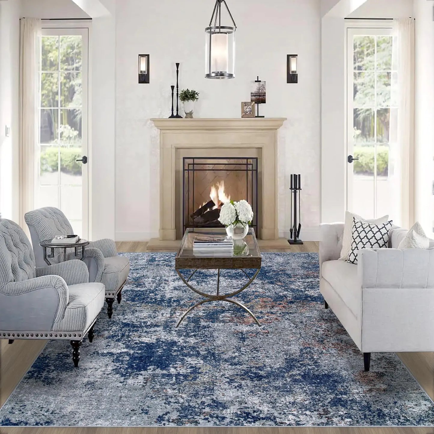 Area Rug Living Room Rugs: 6x9 Rug for Bedroom Machine Washable with Non Slip Backing Non Shedding Abstract Stain Resistant Large Carpet for Dining Room Nursery Home Office - Blue