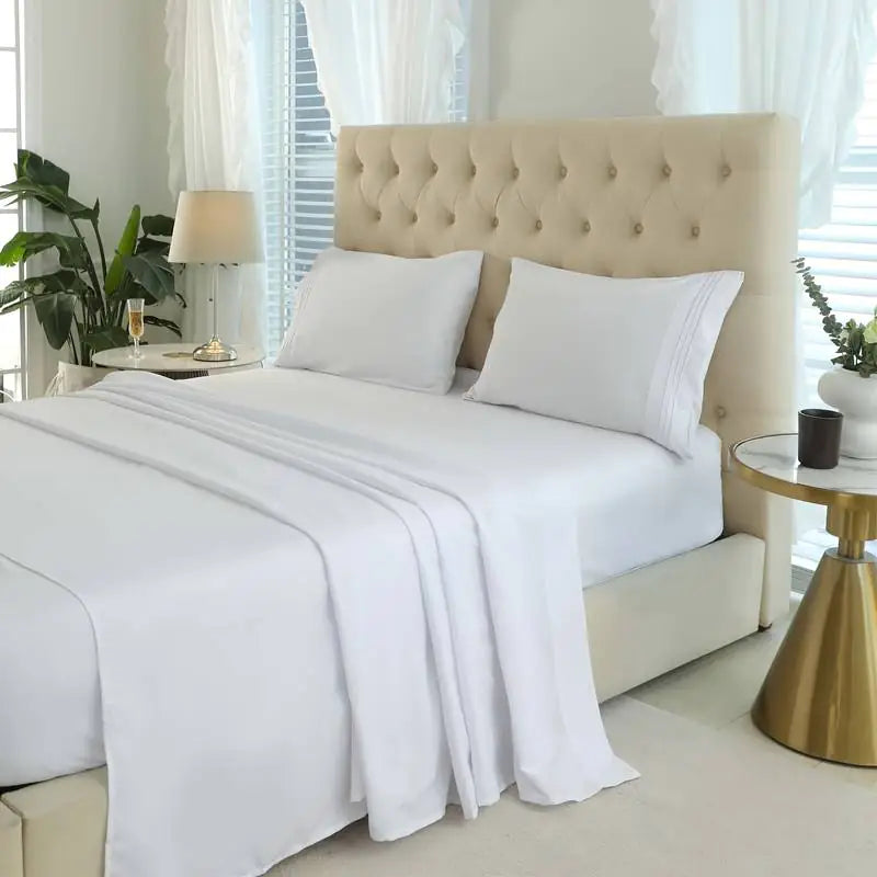 3/4pcs White Polyester Fitted Sheet Set with Pillowcase