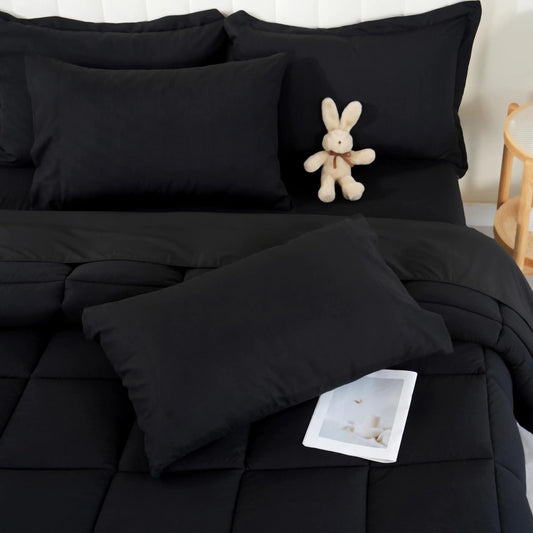 DOWNCOOL King Size Comforter Set 7Pcs Bedding Comforter Sets Black All Season Down Alternative Bedding Comforter Sets with Comforter Flat Sheet Fitted Sheet 2 Pillow Shams & 2 Pillowcases